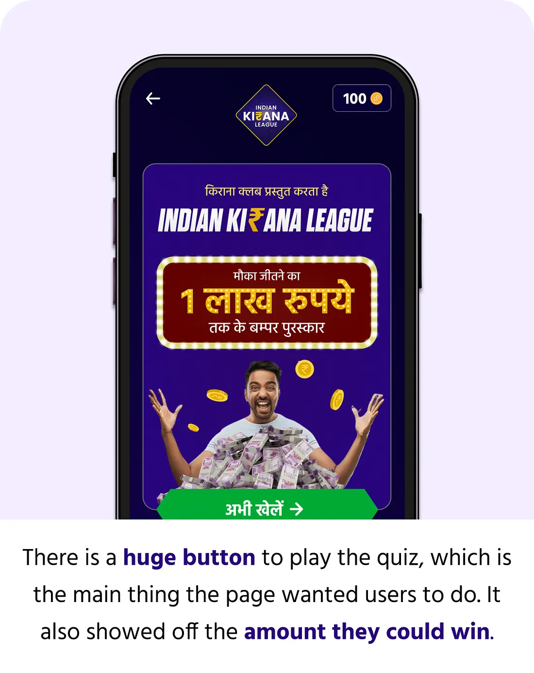 Indian Kirana League landing page showing the prize and play button