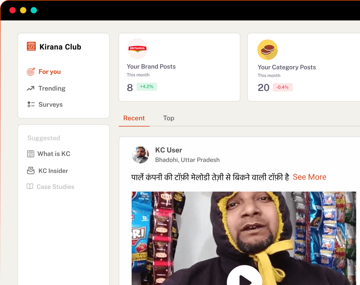 Survey insights, Kirana Club dashboard