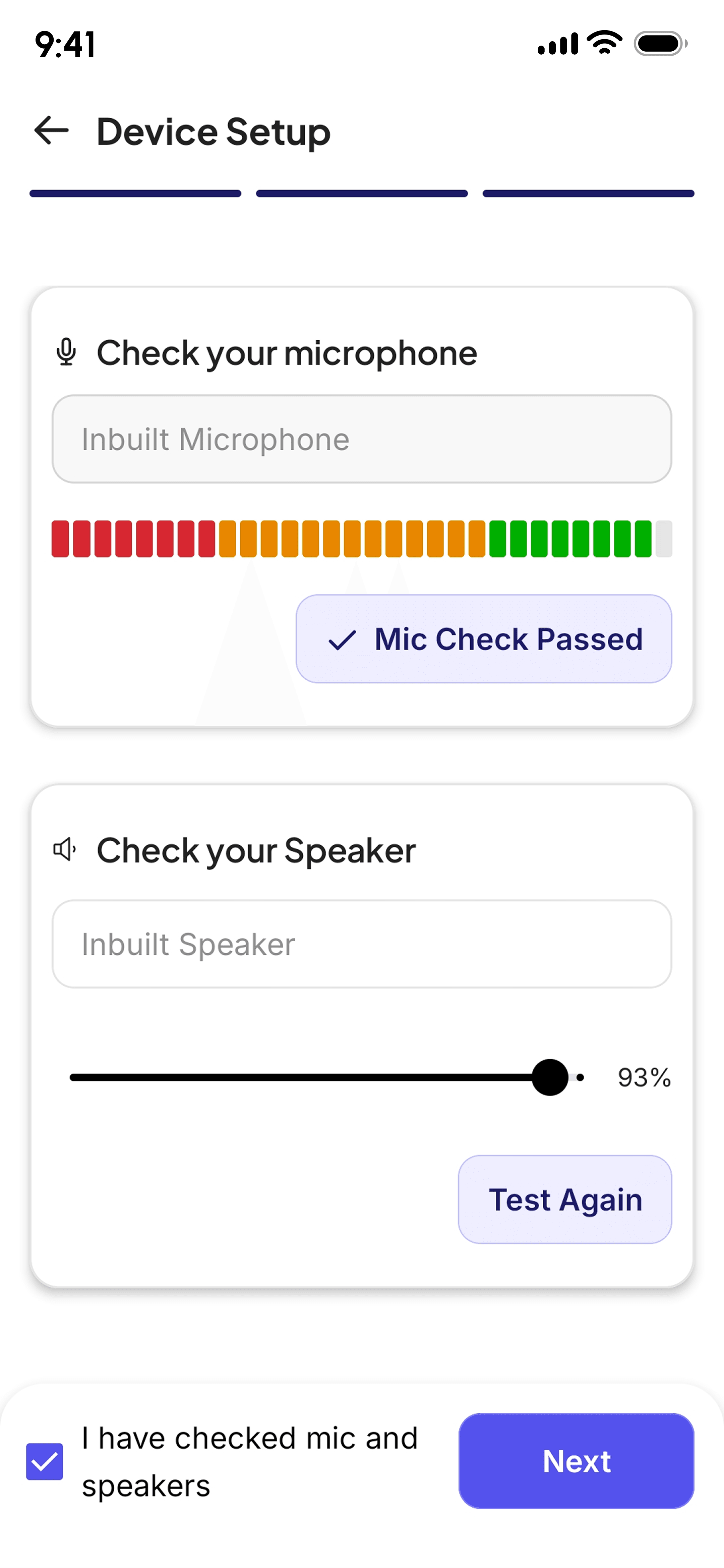 Device setup screen for microphone and speaker checks