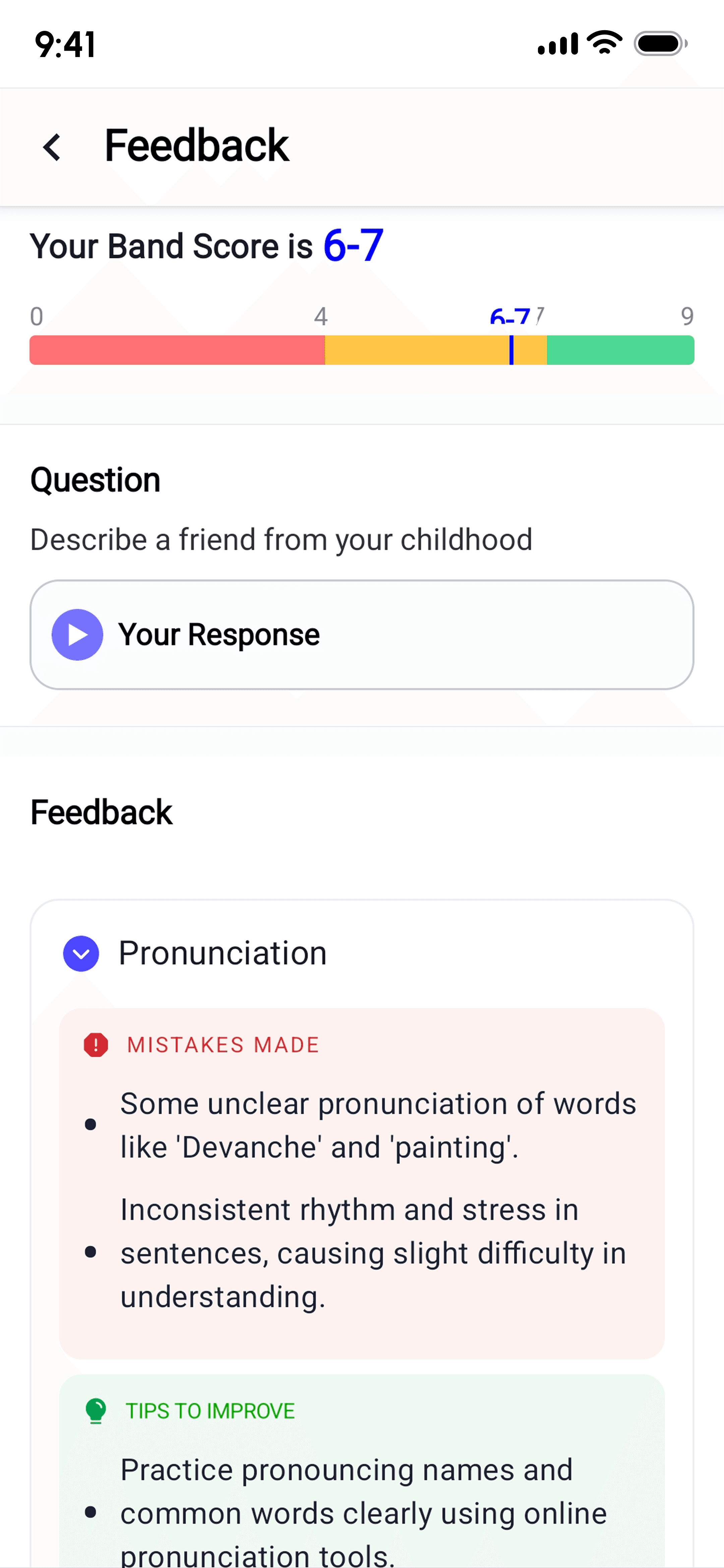Cue Card feedback screen with band score and pronunciation feedback