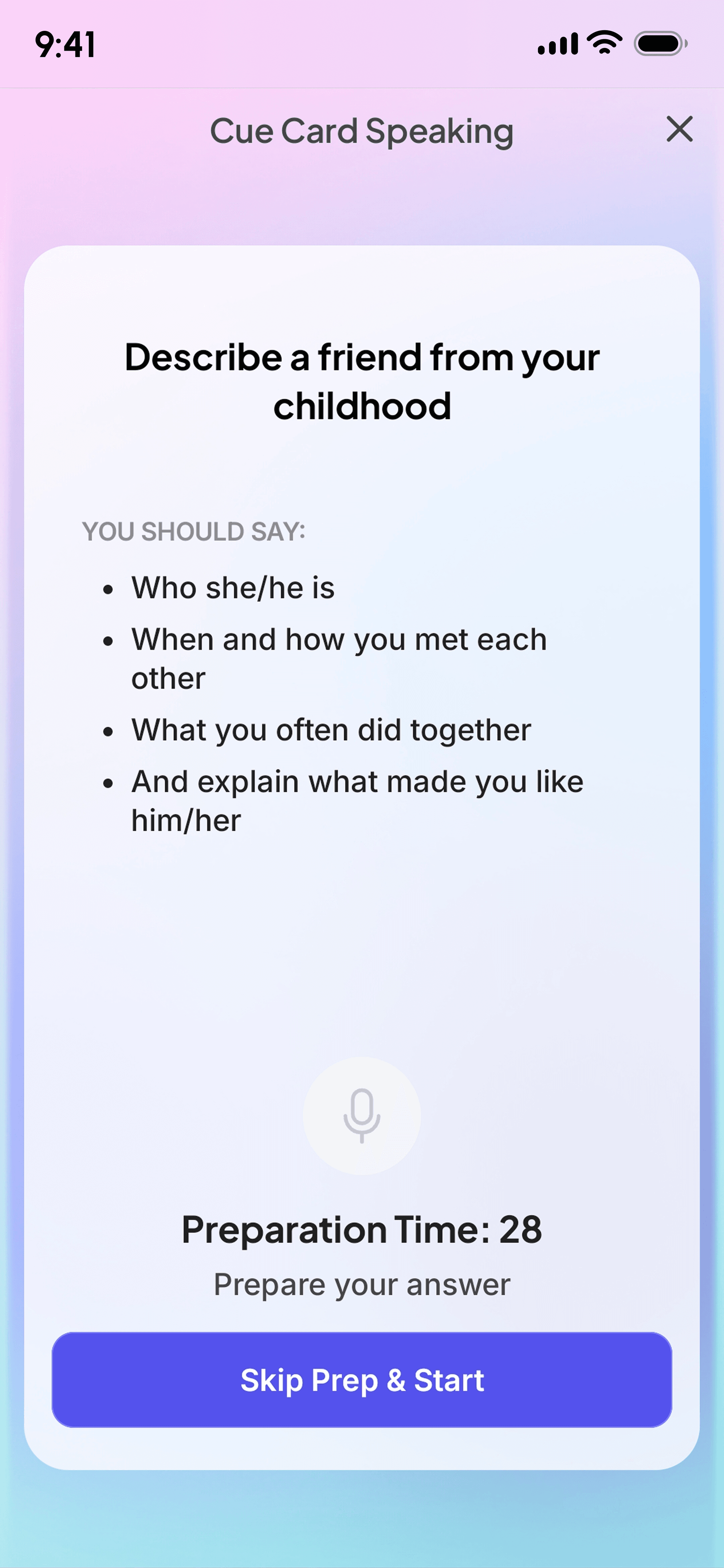 Cue Card Speaking preparation timer screen
