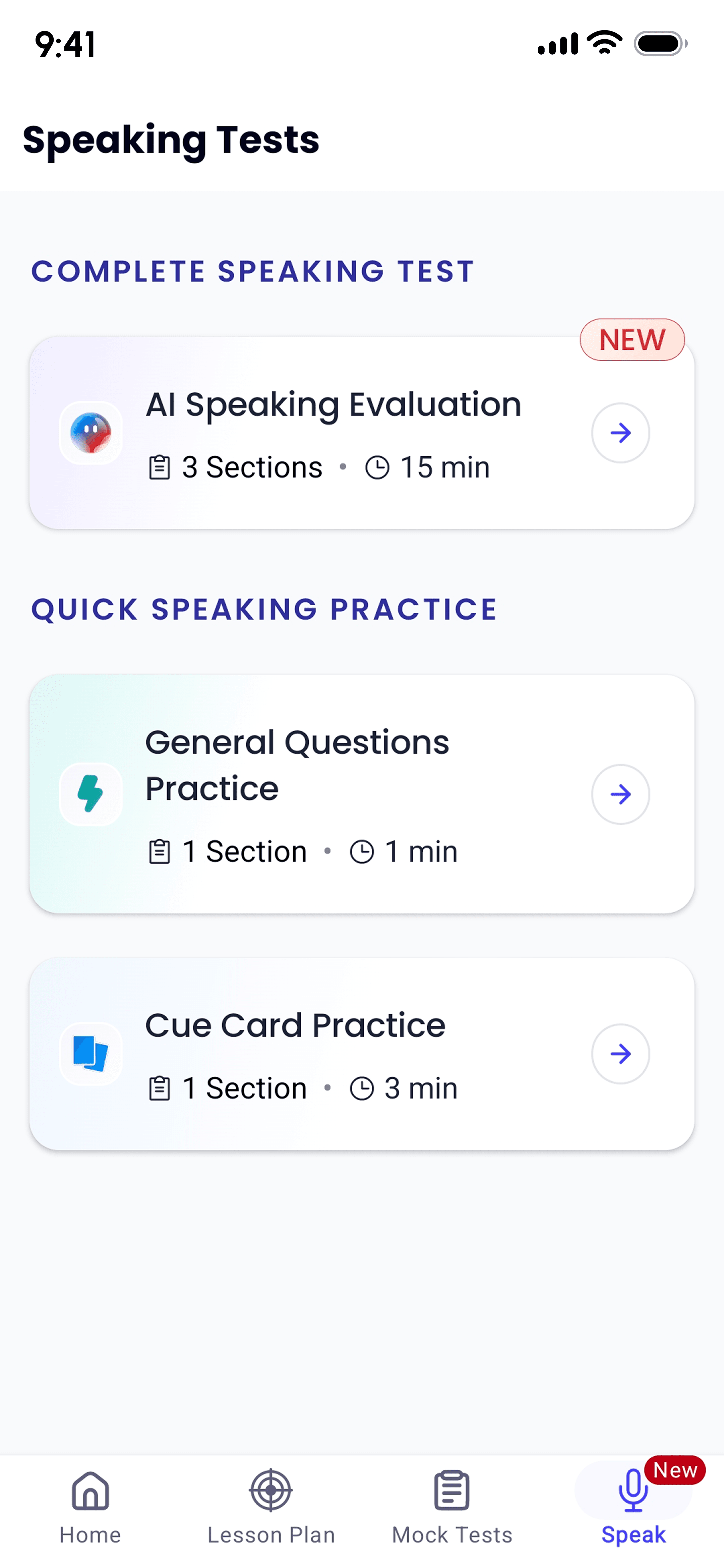 Leap IELTS speaking tests screen with Cue Card Practice option