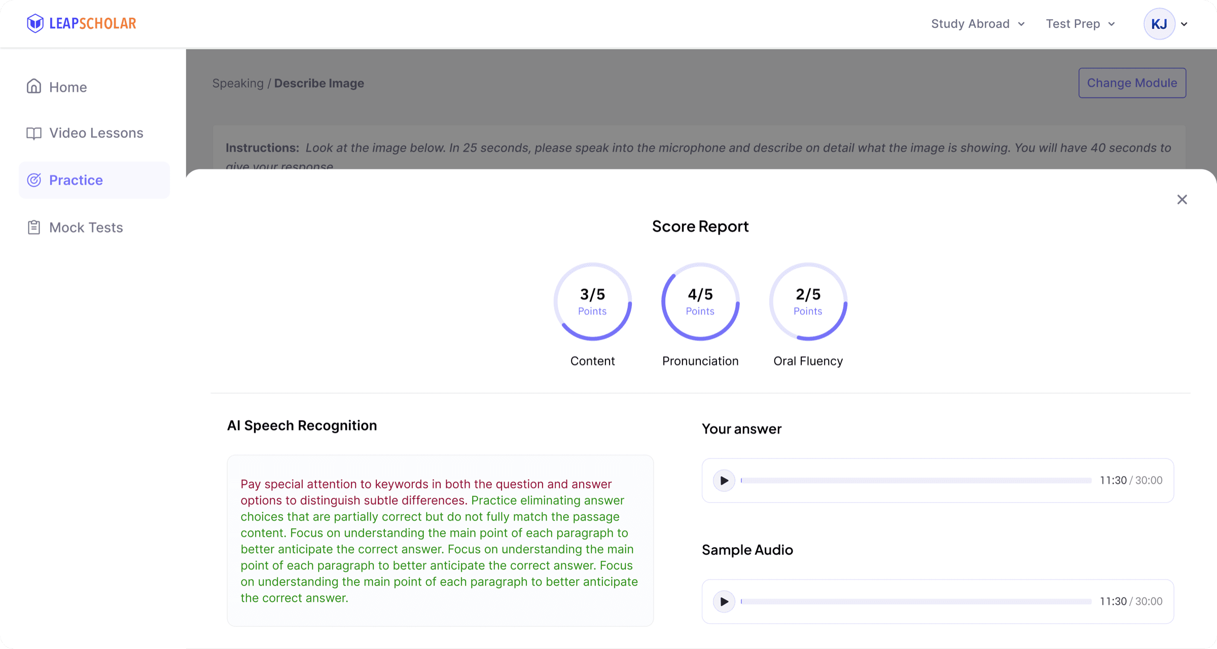 PTE AI feedback report with section-wise speaking scores