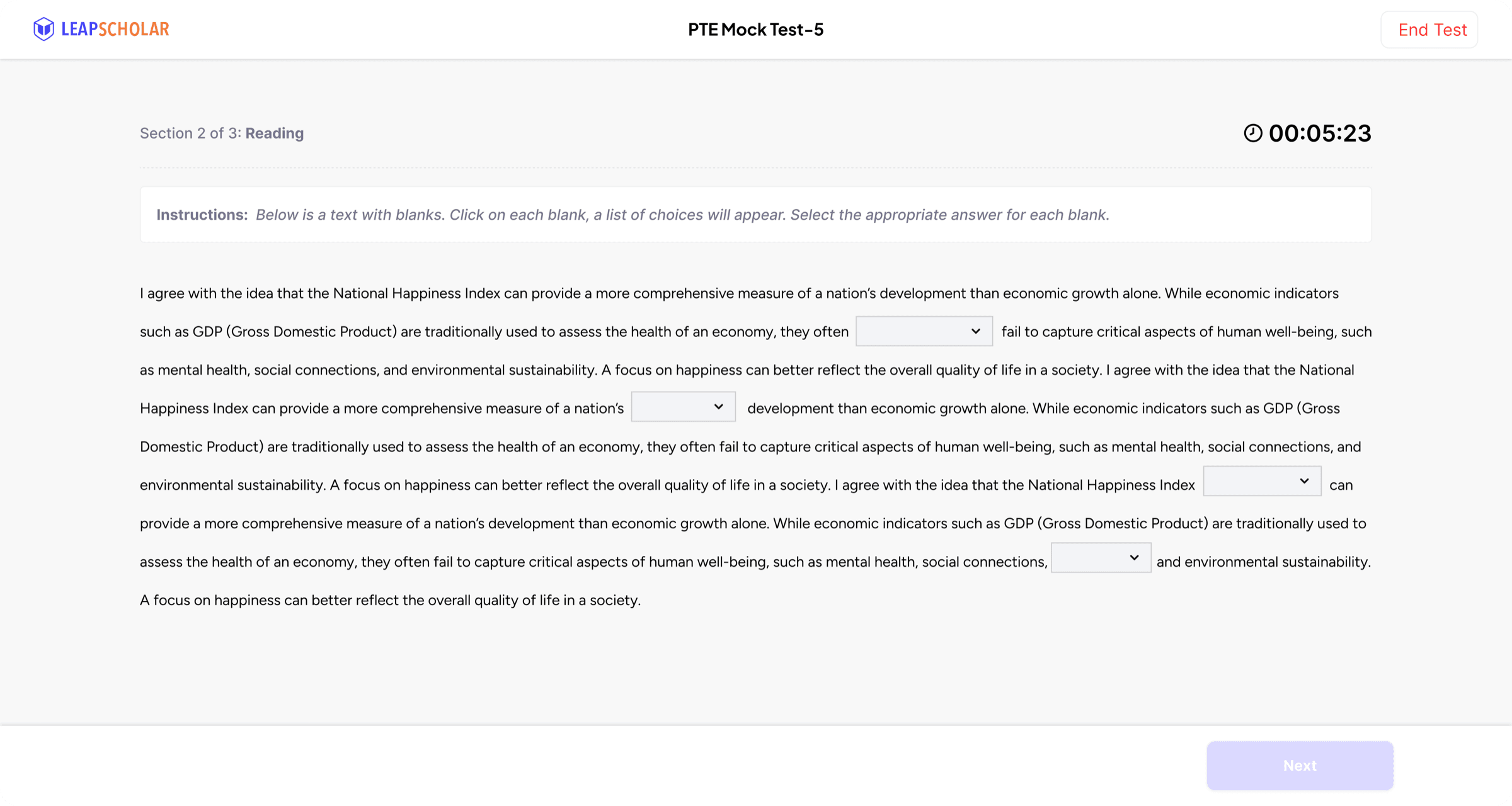 PTE full-length mock test and score report interface