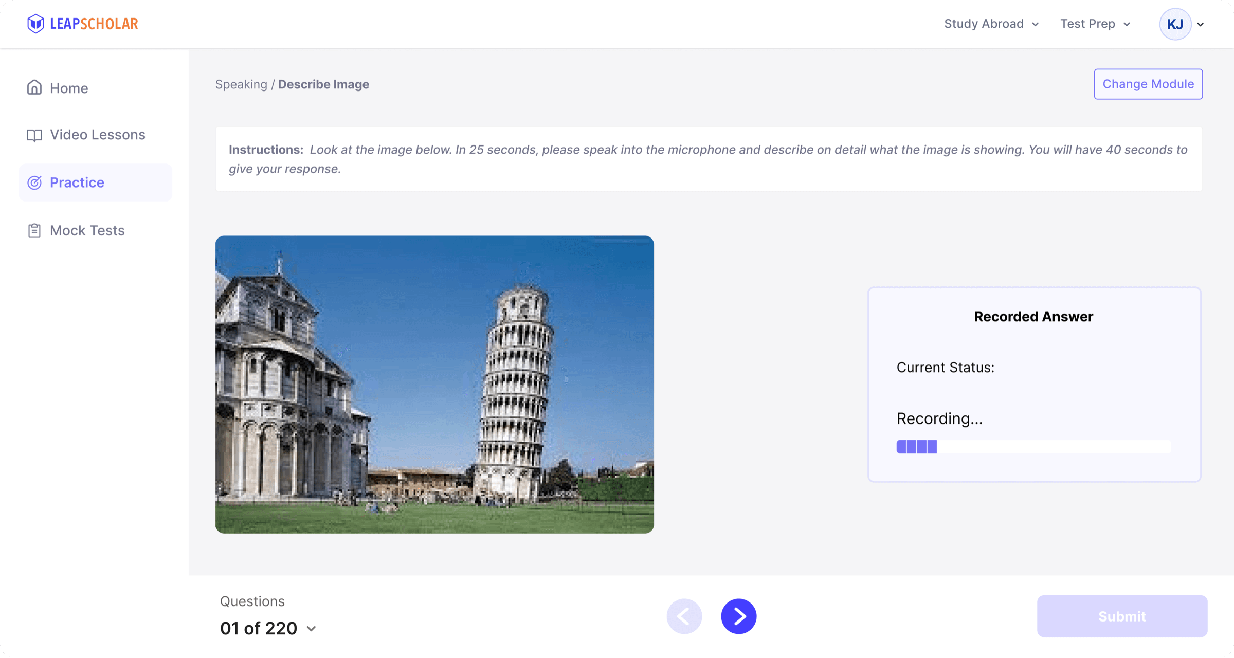 PTE practice questions and AI feedback interface