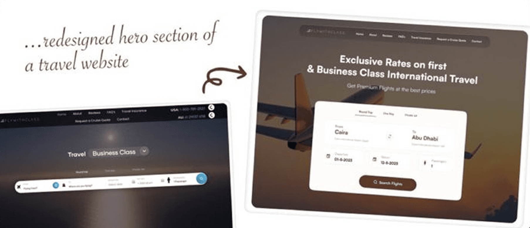 Hero section redesign of @FlyWithClass — Before → After