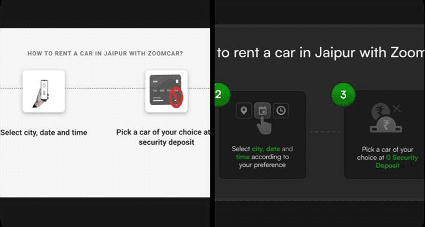 Gave @Zoomcar_India's 'How to rent' section a different look — before → after