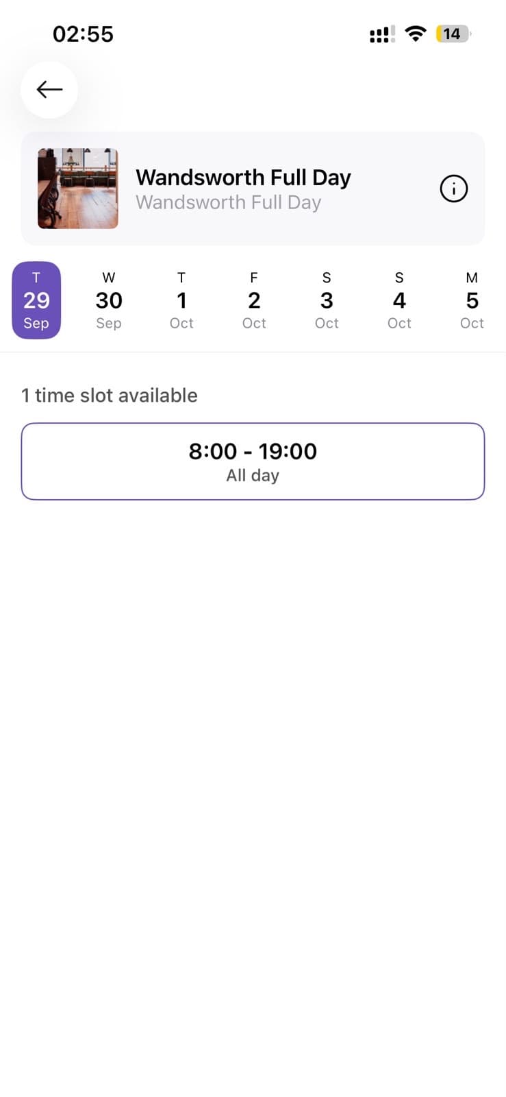 One time slot available, eight until seven