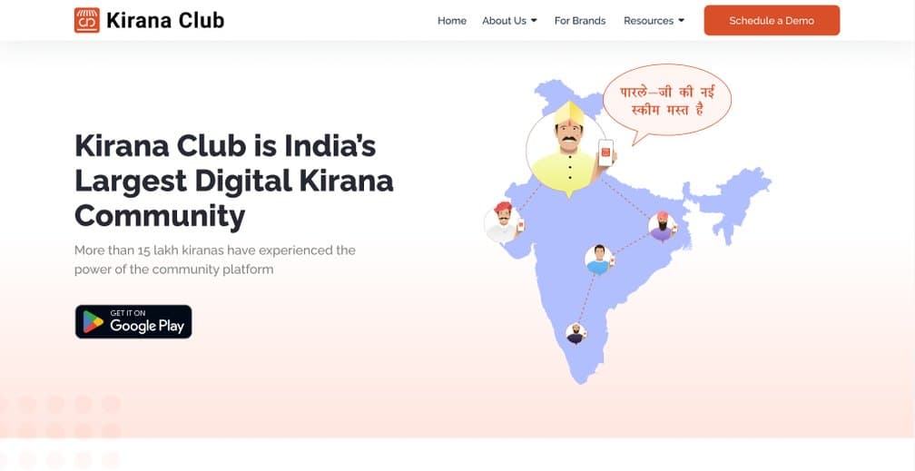 Homepage direction with a map of India and kiranas pinned across it