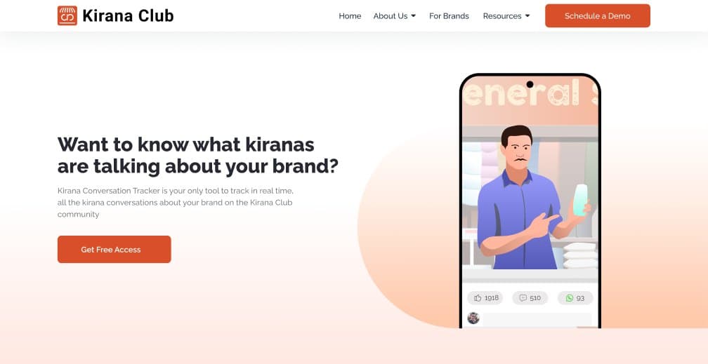 Homepage direction with a shopkeeper on the Kirana Club app in the hero