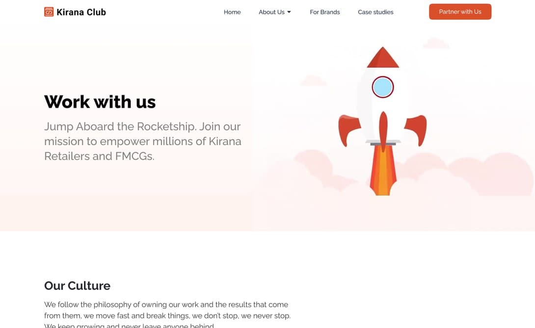 The Work with us page, its rocket hovering and its flame flickering