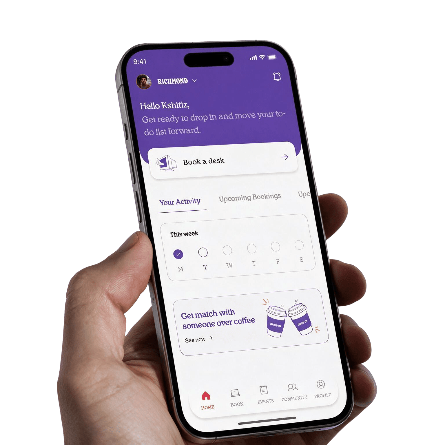 A hand holding a phone showing the Drop-in app