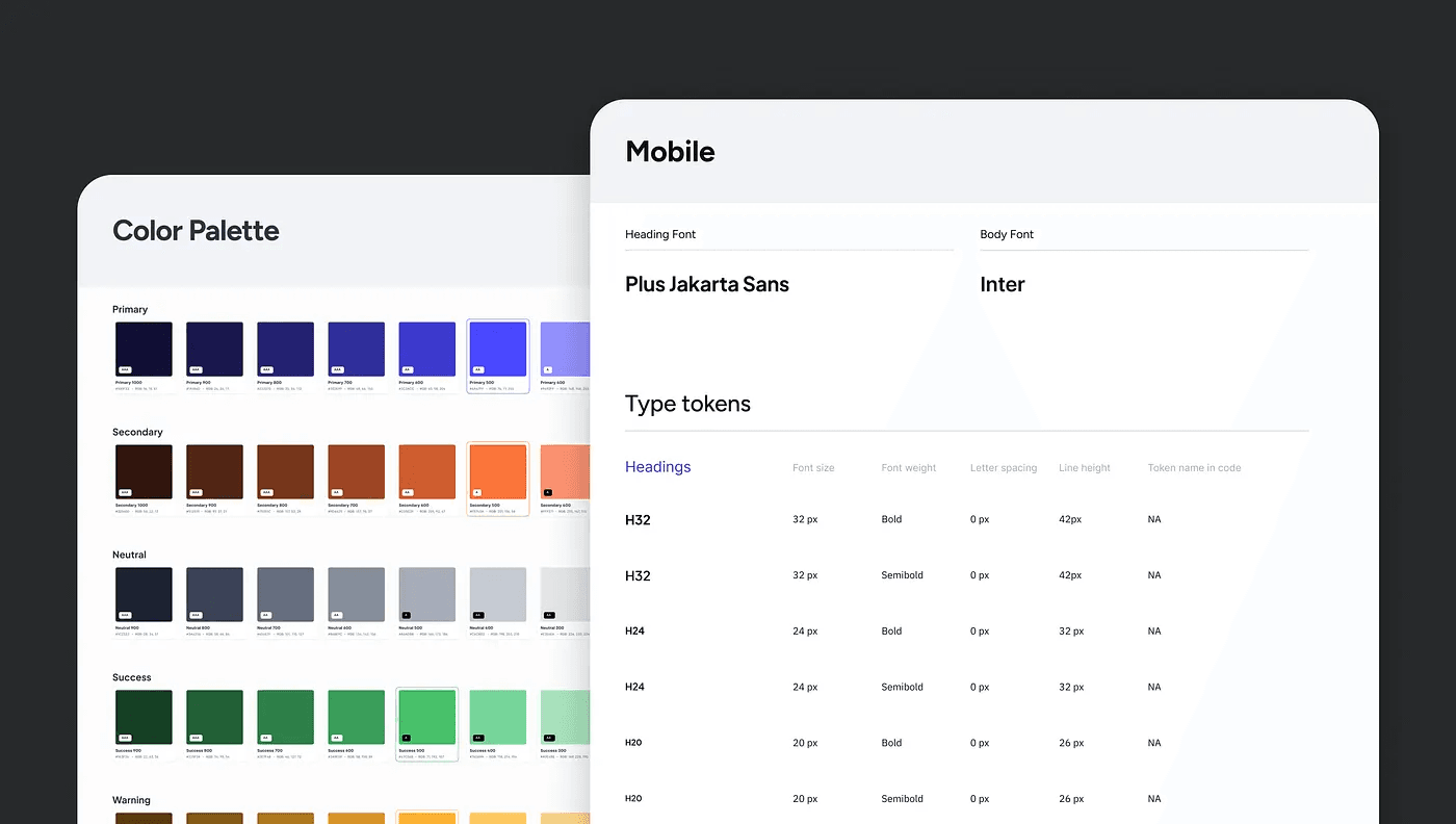 Leap design system color palette and mobile typography tokens