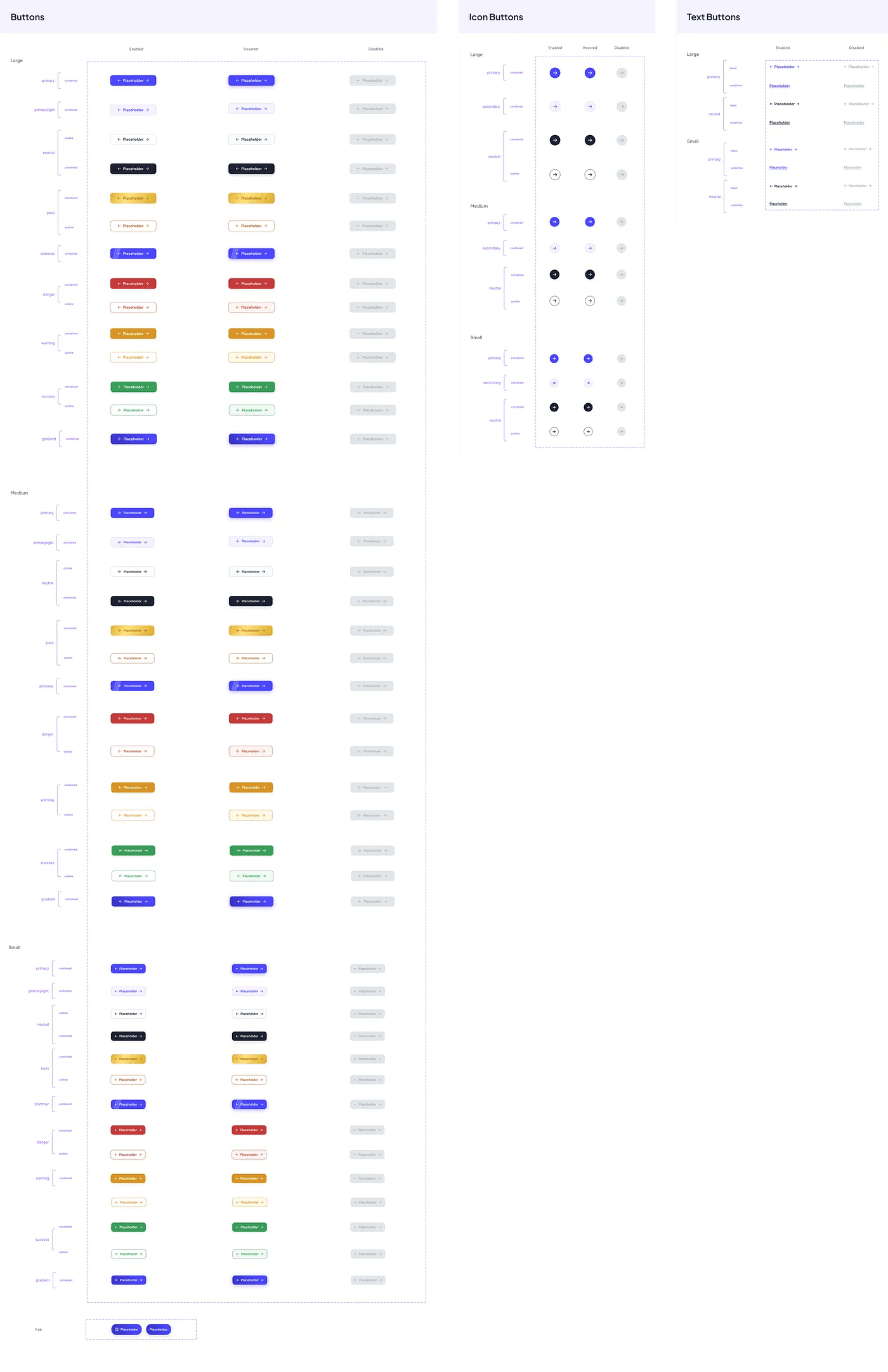 Button, icon button and text button variants and states
